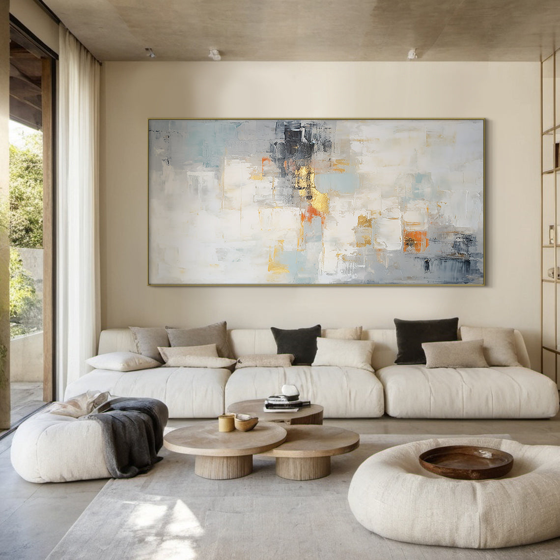 Modern Abstract Blue Beige Gold Wall Art for Living Room - AURA187