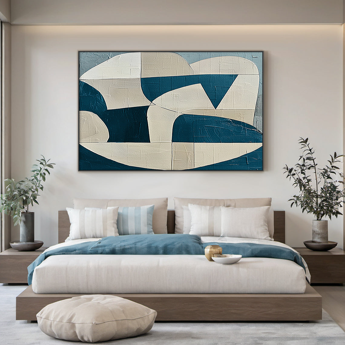 Textured Abstract Blue Beige Wall Art for Modern Living Room AURA164