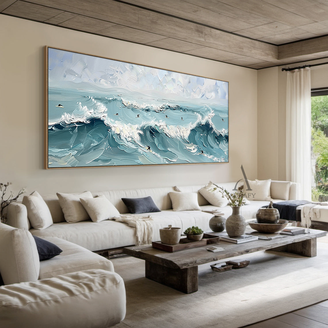 Blue Ocean Surf Art Thick Impasto Palette Knife Modern Expressionism Tactile Waves Surfers AURA415
