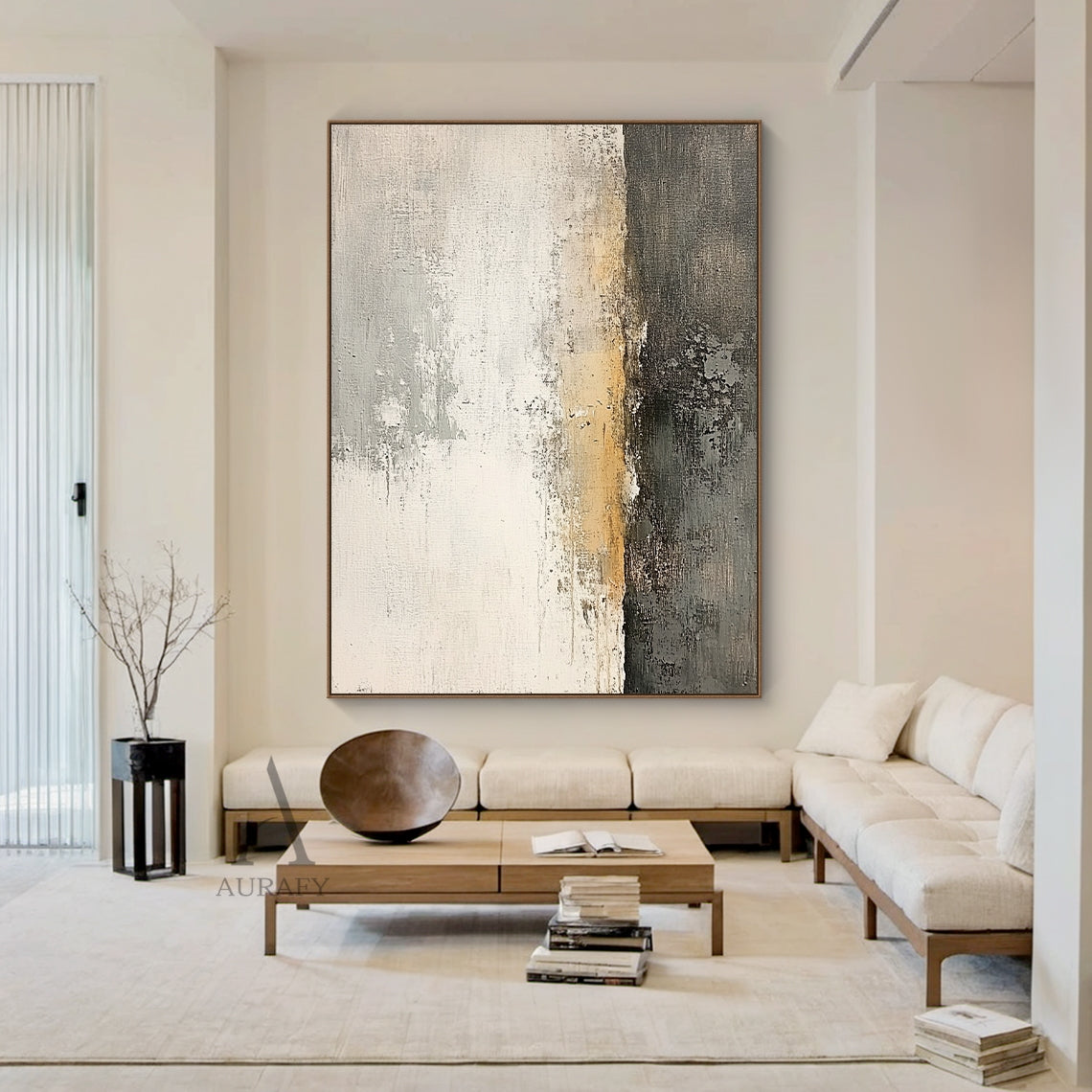 General Abstract Beige Black Tactile Surface Wabi-Sabi Minimalist Luxe Vertical Brush Scratched Artwork AURA638