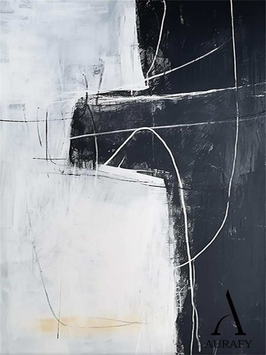 Black White Abstract Art with Rough Brushstrokes Geometric Blocks Organic Lines Tactile Surface AURA492