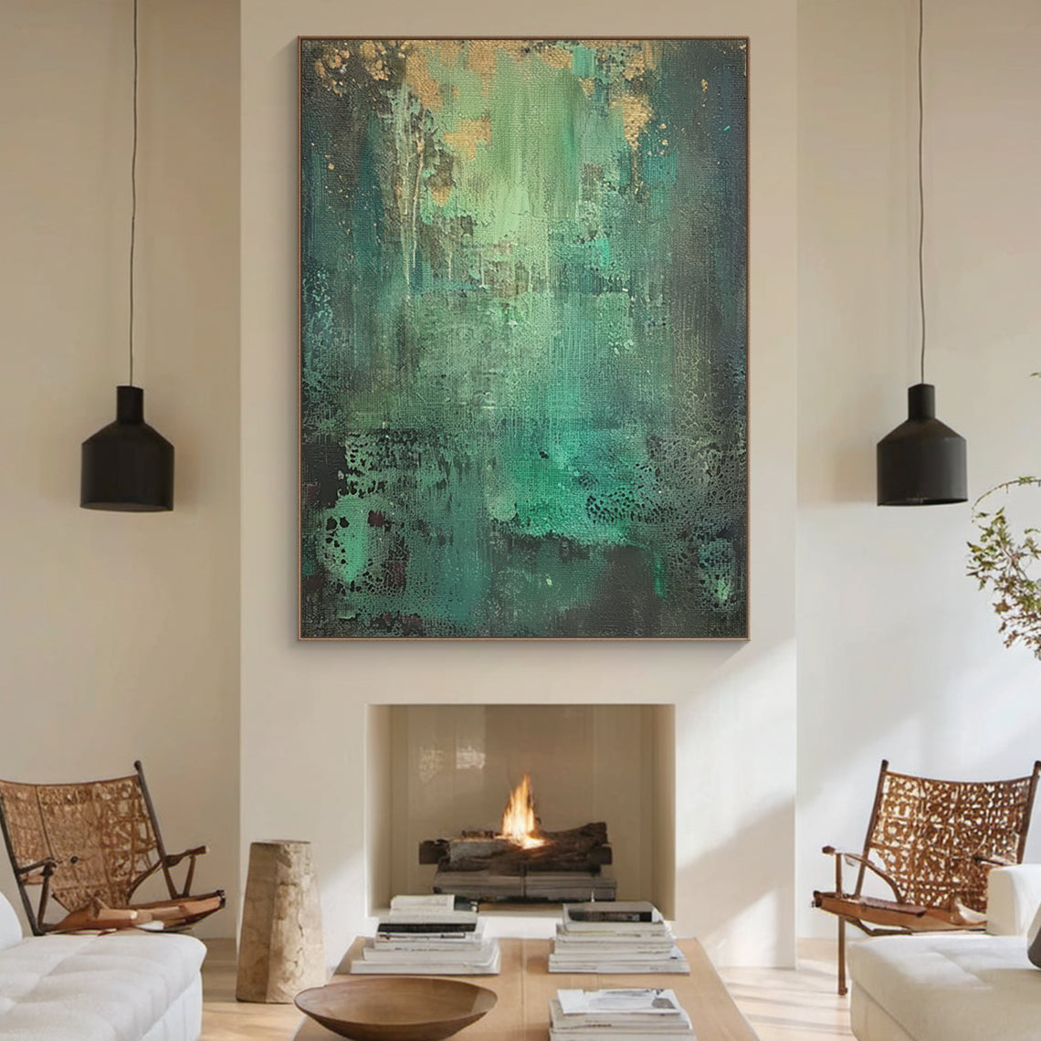 Textural Abstract Wall Art – Emerald Green & Gold Patina – AURA038(Vertical)