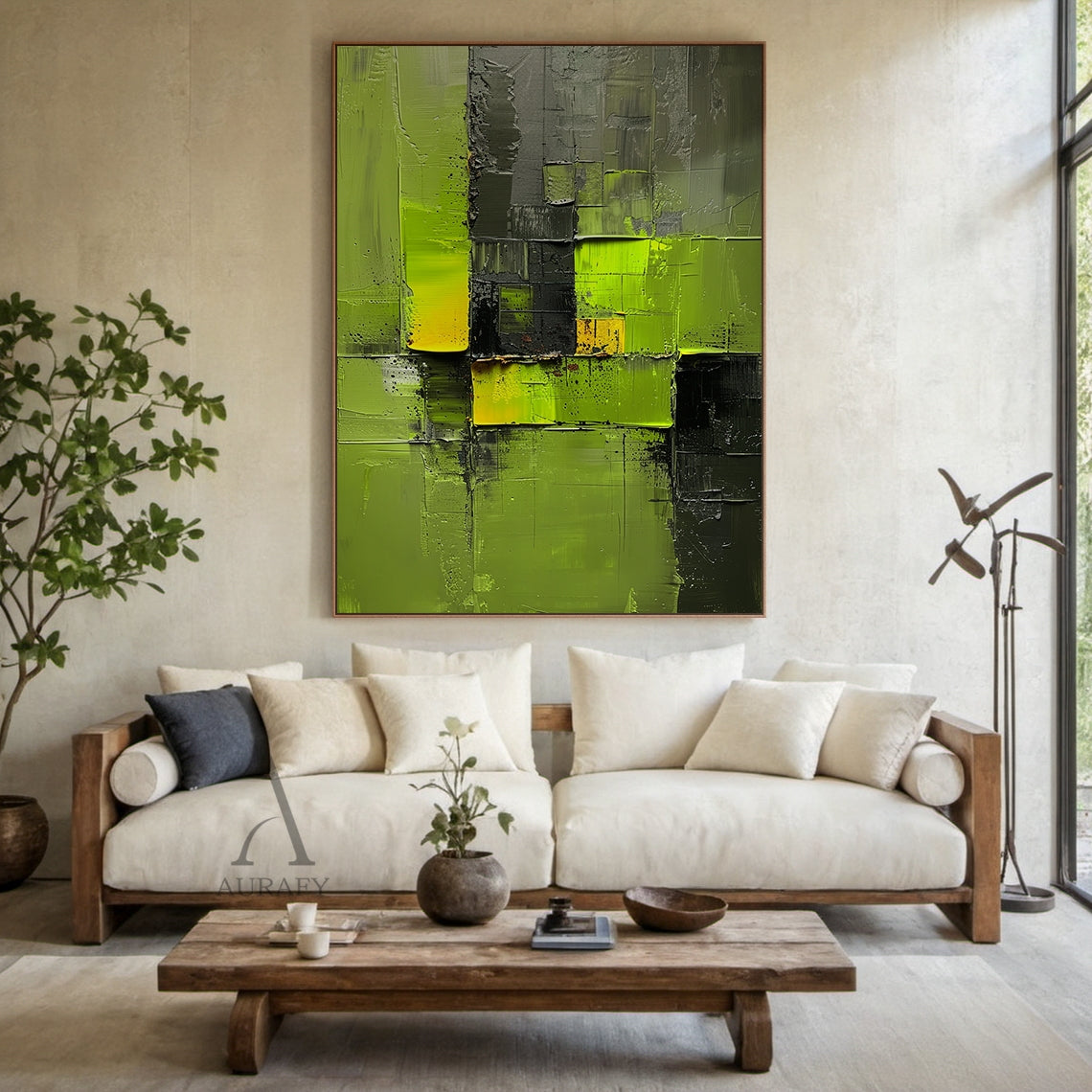 Green Abstract Art Impasto Sculpted Knife Strokes Tactile High-Relief Bold Modern Piece AURA460
