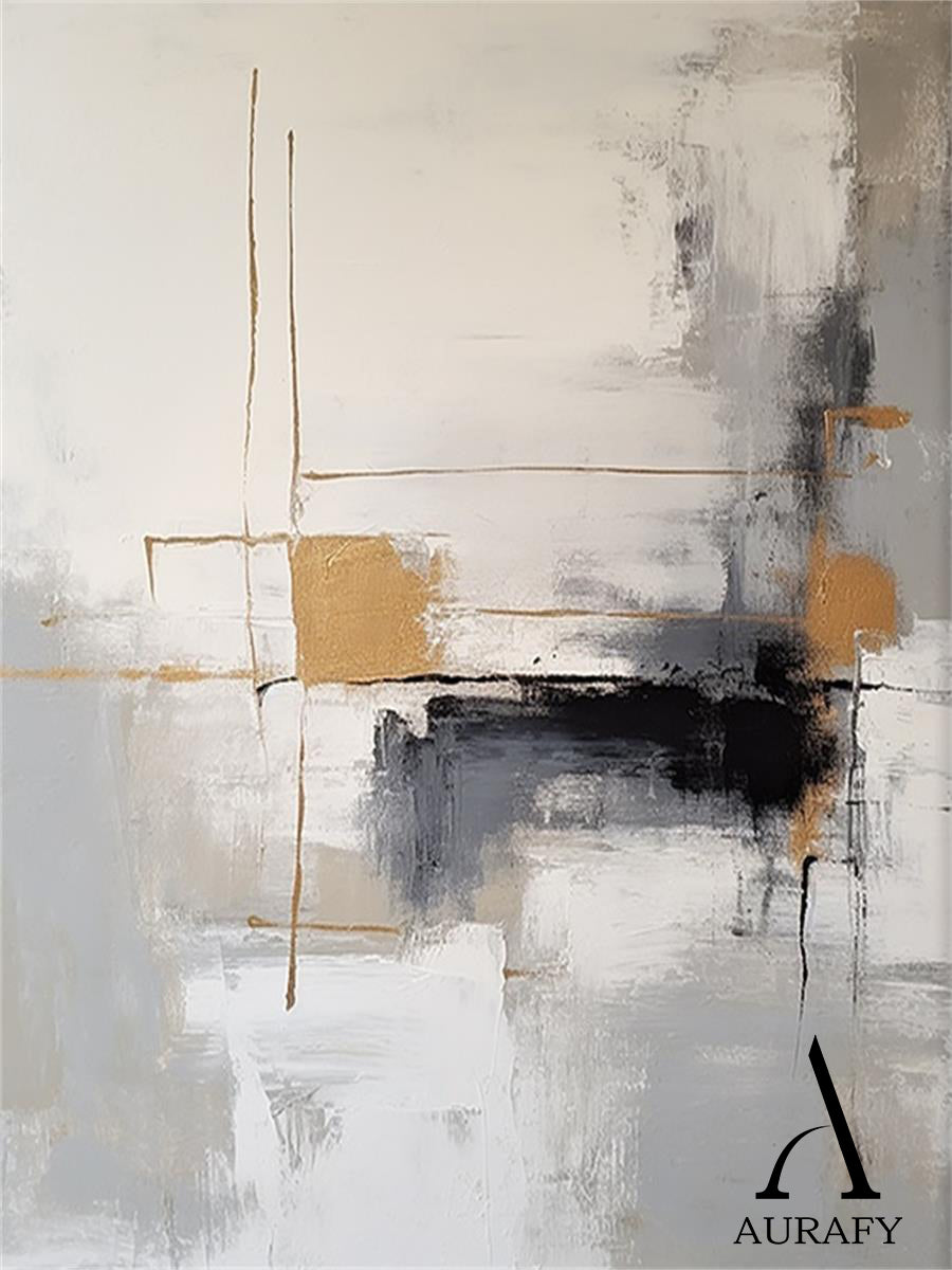 Modern Abstract Gray White Tactile Brushstroke Gold Accent Minimalist Luxe Wall Art AURA493