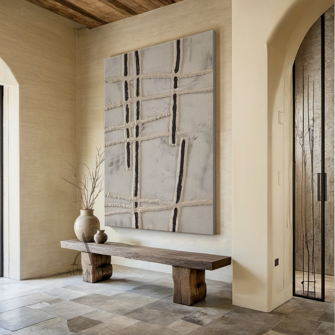 Beige Abstract Line Painting with an Irregular Textured Grid - AURA837