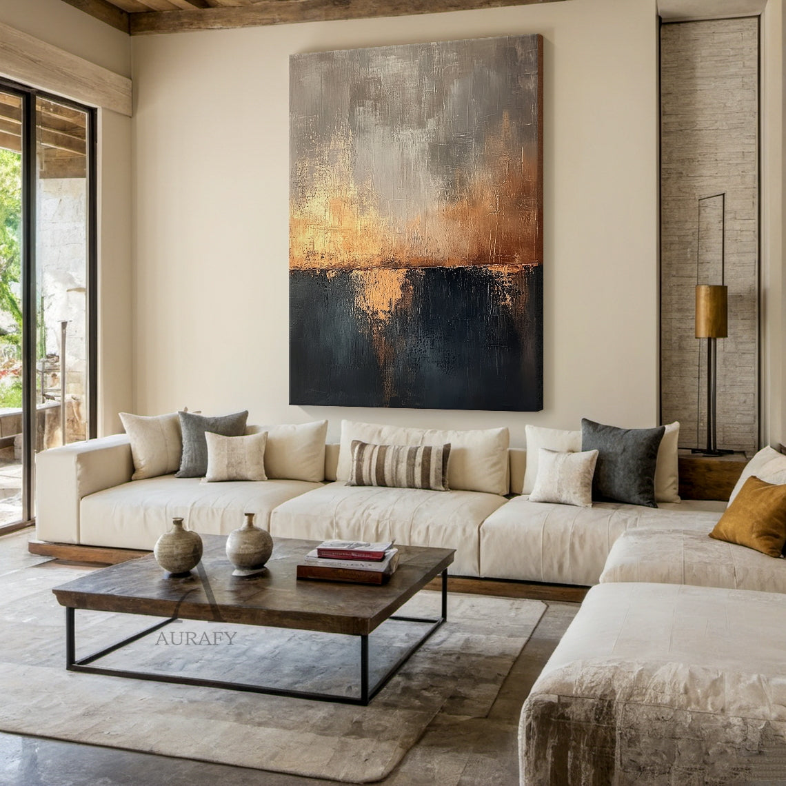 Yellow Ochre and Black Abstract Wall Art with Reflected Light - AURA825
