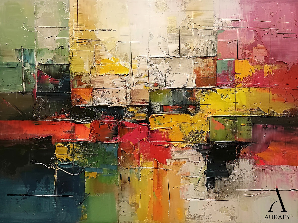 3D Textured Abstract Painting with High-Relief Plaster Tactile Surface Pink Green Yellow Knife Strokes AURA571