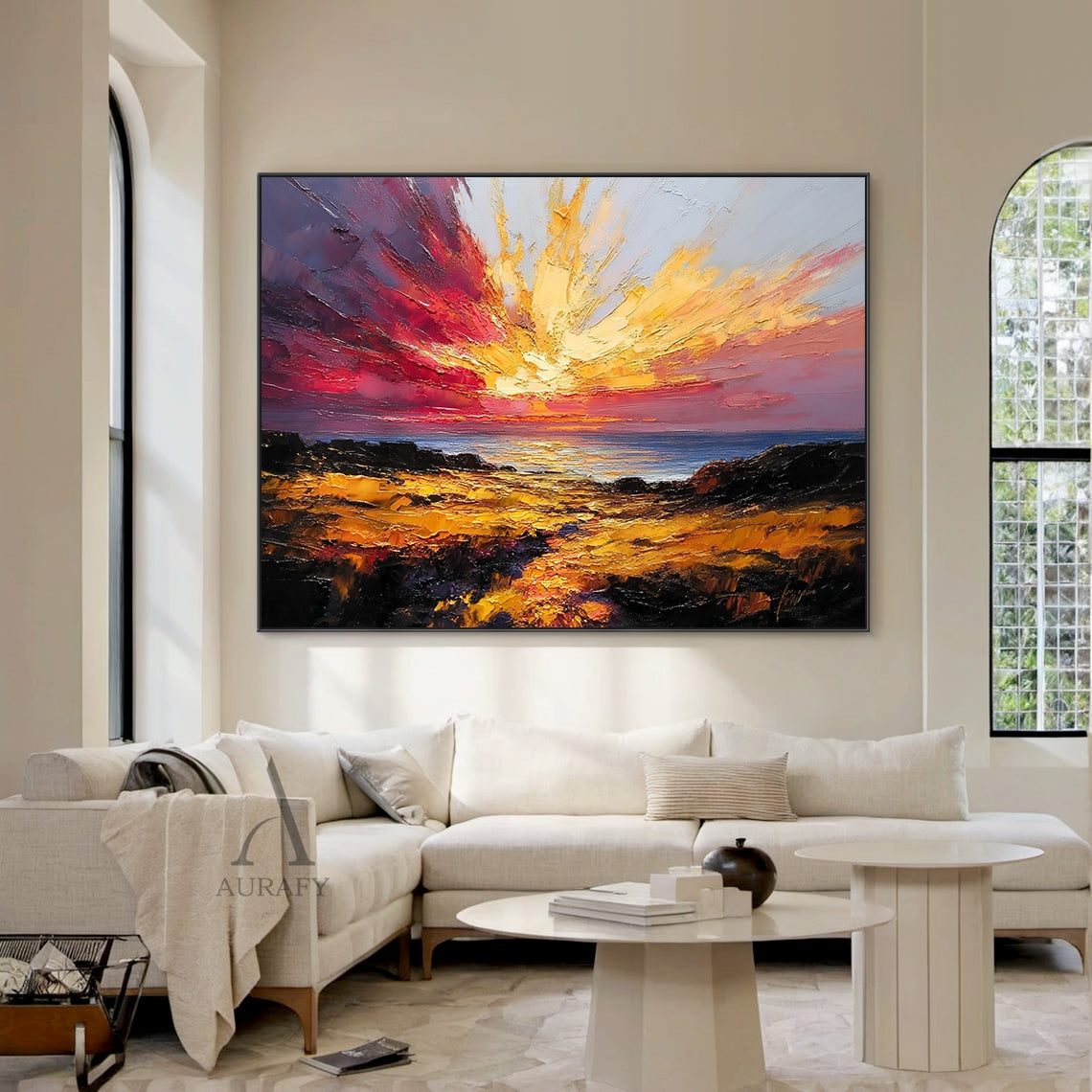 Textured Palette Knife Red Brown Coastal Sunset Impasto Canvas Wall Art Modern Organic Home Decor AURA748