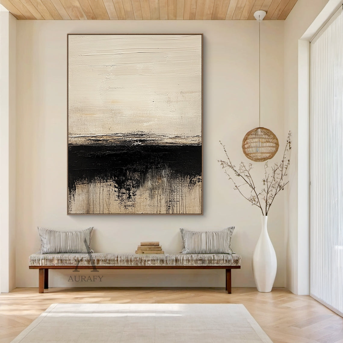 Abstract Art Black Beige Tactile Plaster Textured Knife Strokes Dripping Effects Modern Art AURA643