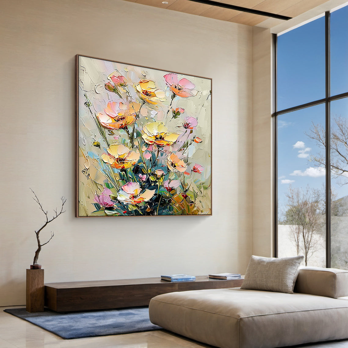 Impasto Knife Stroke Yellow Pink Floral Wabi-Sabi Textured Canvas Wall Art Modern Organic Home Decor AURA711