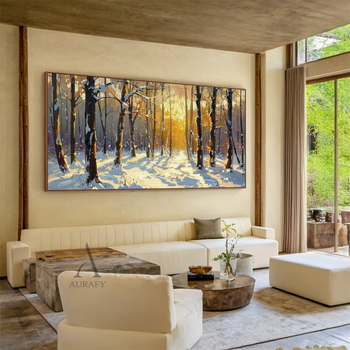 Knife Painted Winter Forest Landscape Impasto Textured Oil Painting Golden Sunlit Yellow Brown Wall Art AURA779