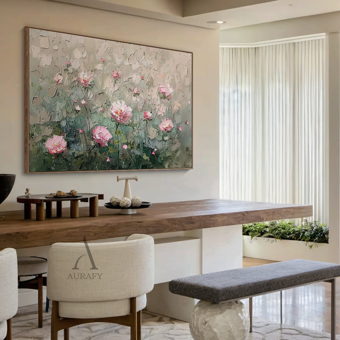 Palette Knife Textured Pink Wildflower Wabi-Sabi Wall Art Modern Organic Green Landscape Sculpted Canvas Painting AURA778