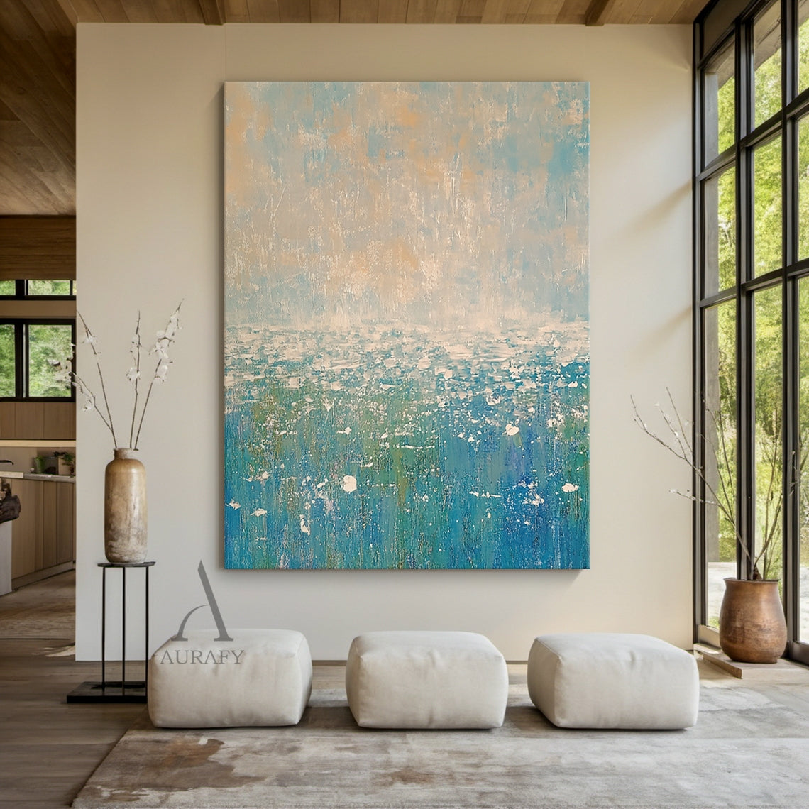 Abstract Beige Blue Art Tactile Surface Knife Strokes Modern Organic Textured Canvas AURA615