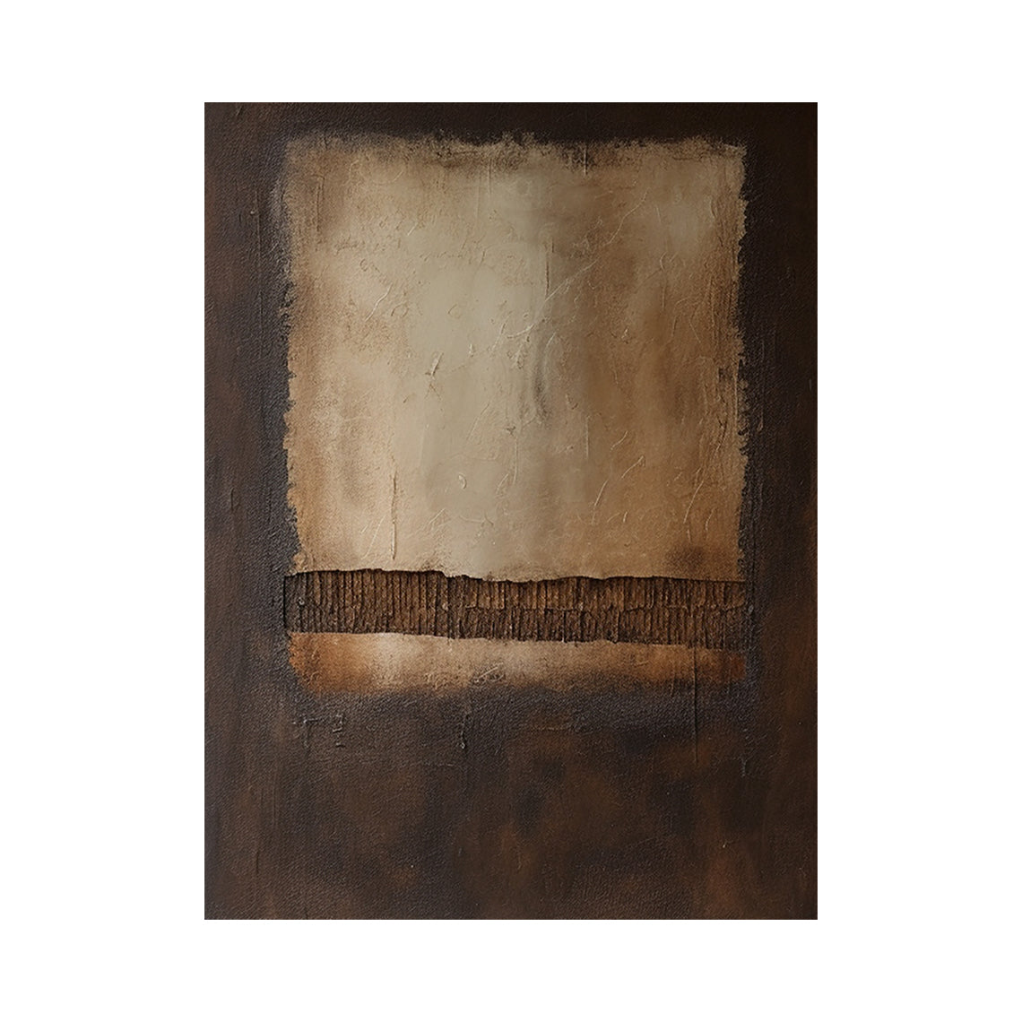Brown Abstract Painting with a Pale Panel and Ribbed Band - AURA833