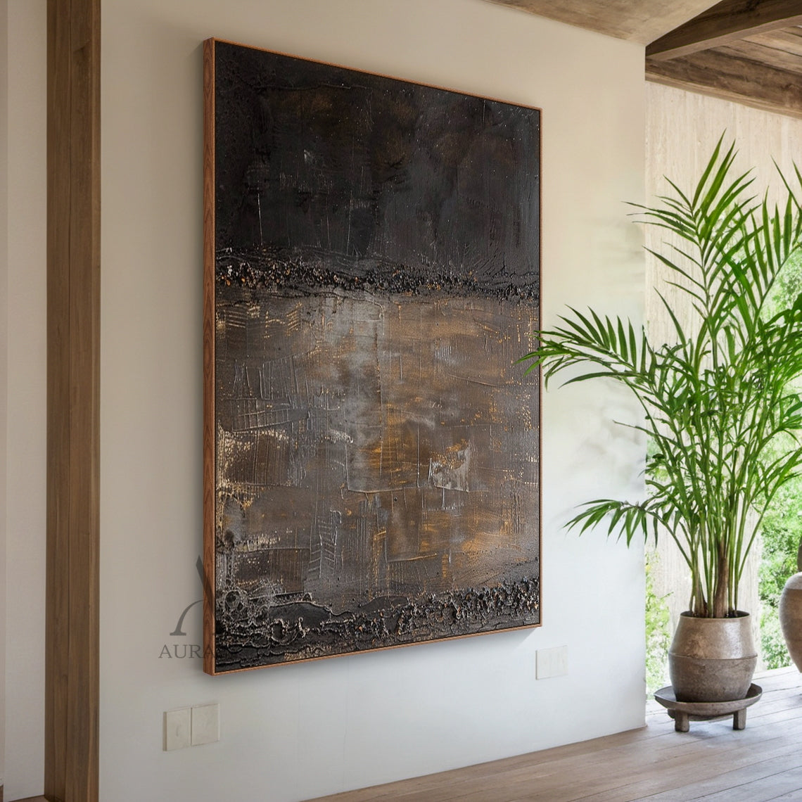 Black and Brown Abstract Painting with Granular Border Lines - AURA845