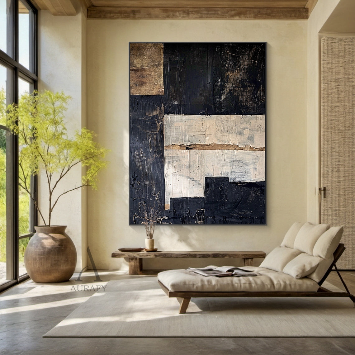 Black and Beige Abstract Wall Art with Stepped Geometric Forms - AURA836
