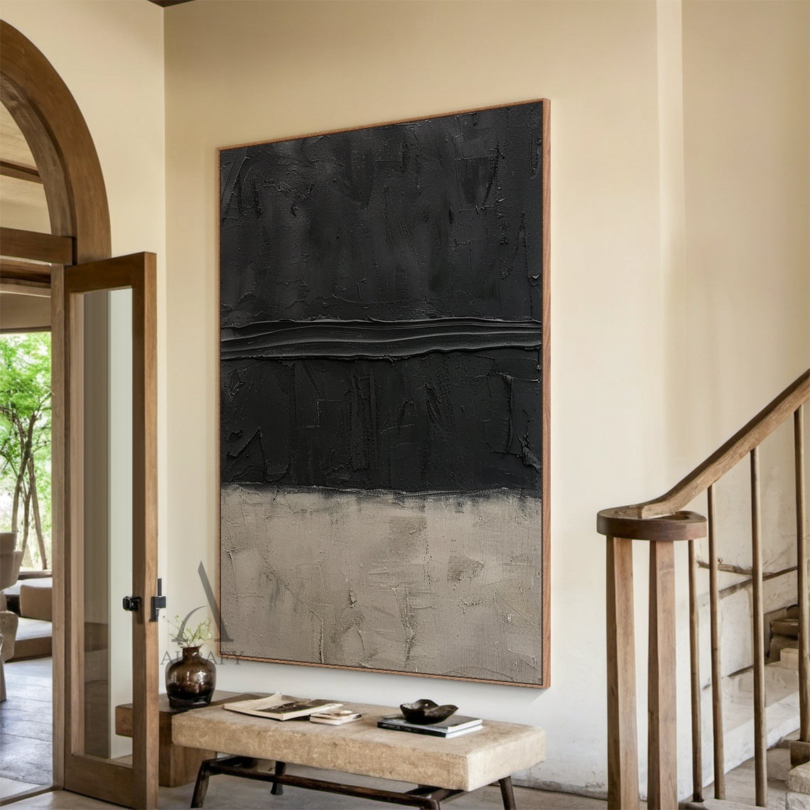 Plaster Textured Japandi Abstract Black Beige Knife Stroke Tactile Sculpted Canvas Artwork AURA797