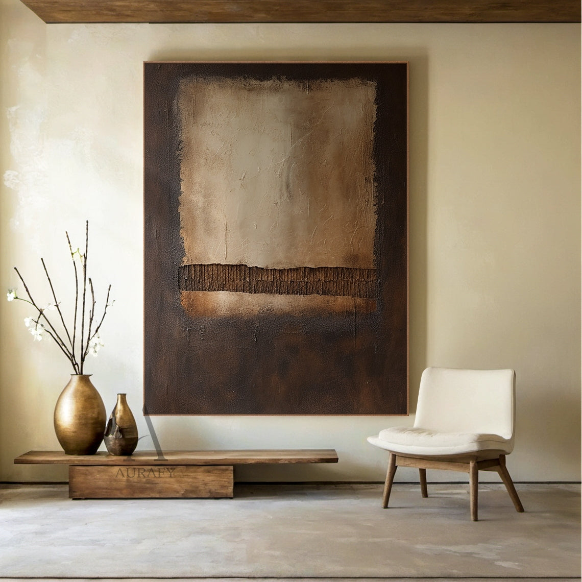 Brown Abstract Painting with a Pale Panel and Ribbed Band - AURA833