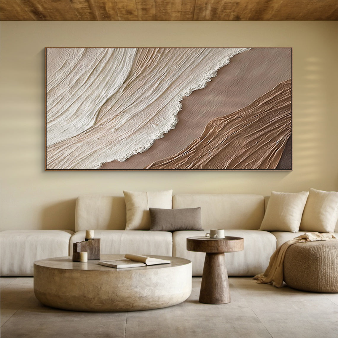 Minimalist Grid Texture Wall Art – Warm Beige Tones – AURA060 (Horizontal)