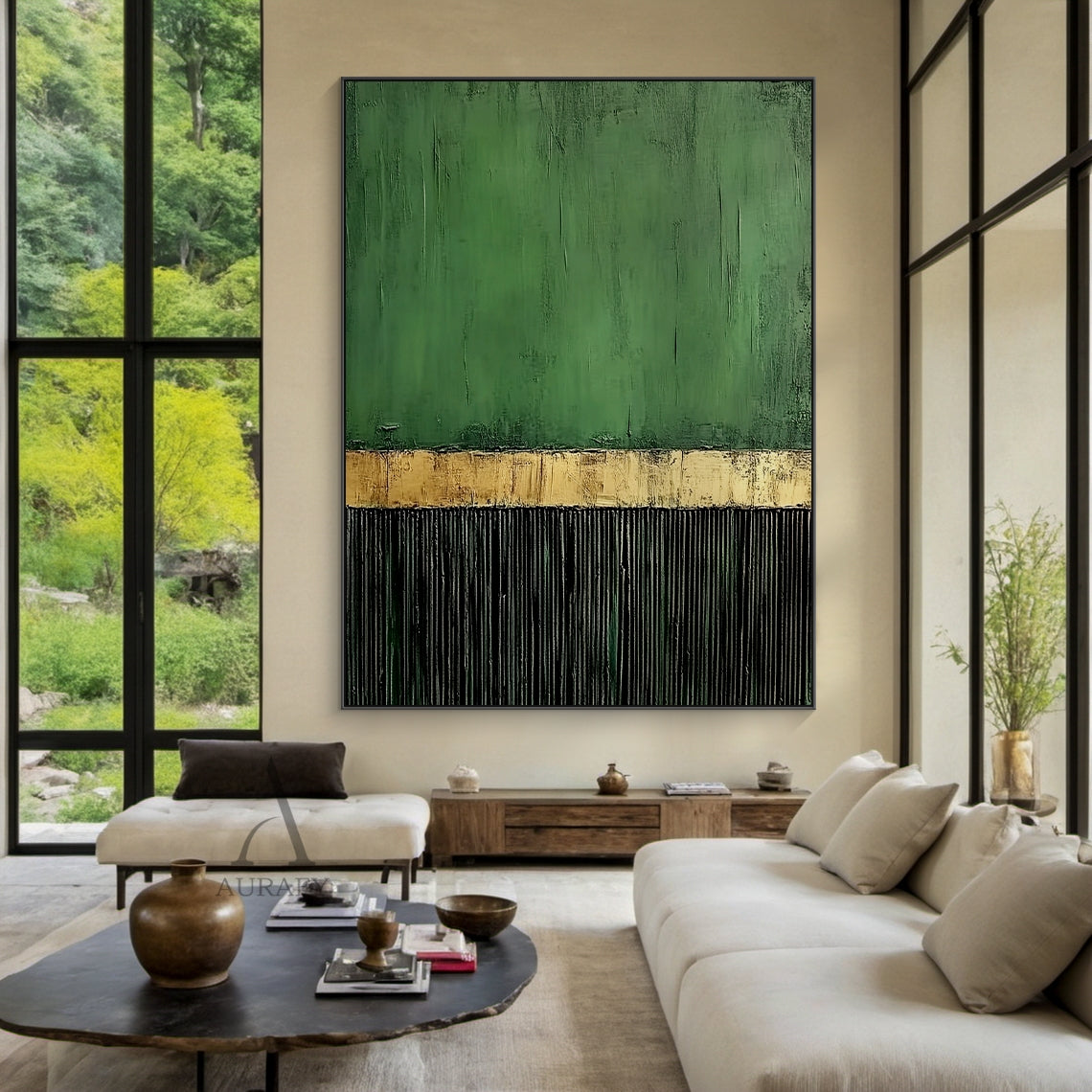 Minimalist Wall Art Green Black Textured Brush Strokes Distressed Gold Vertical Stripes Luxe Piece AURA437