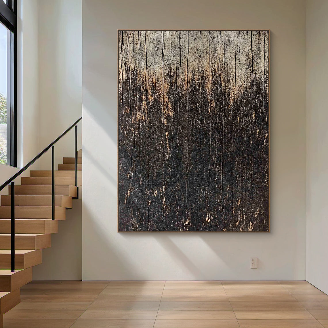 Wabi Sabi Distressed Wood Grain Black Brown Weathered Vertical Texture Artwork with Chipped Patina AURA592
