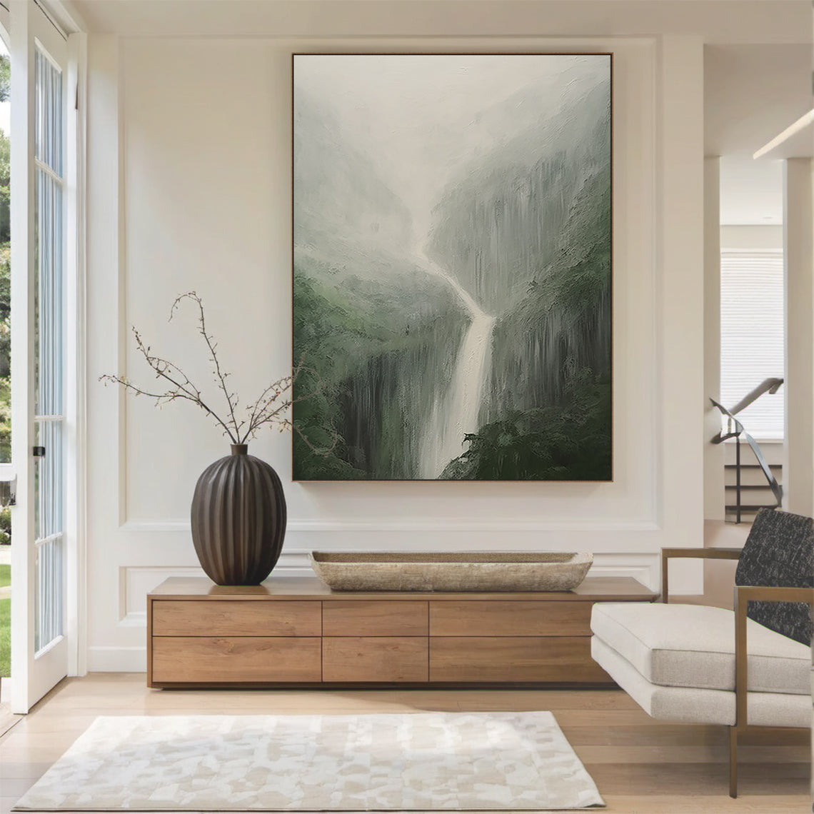 Minimalist Landscape Wall Art – Misty Waterfall & Forest Green – AURA040(Vertical)