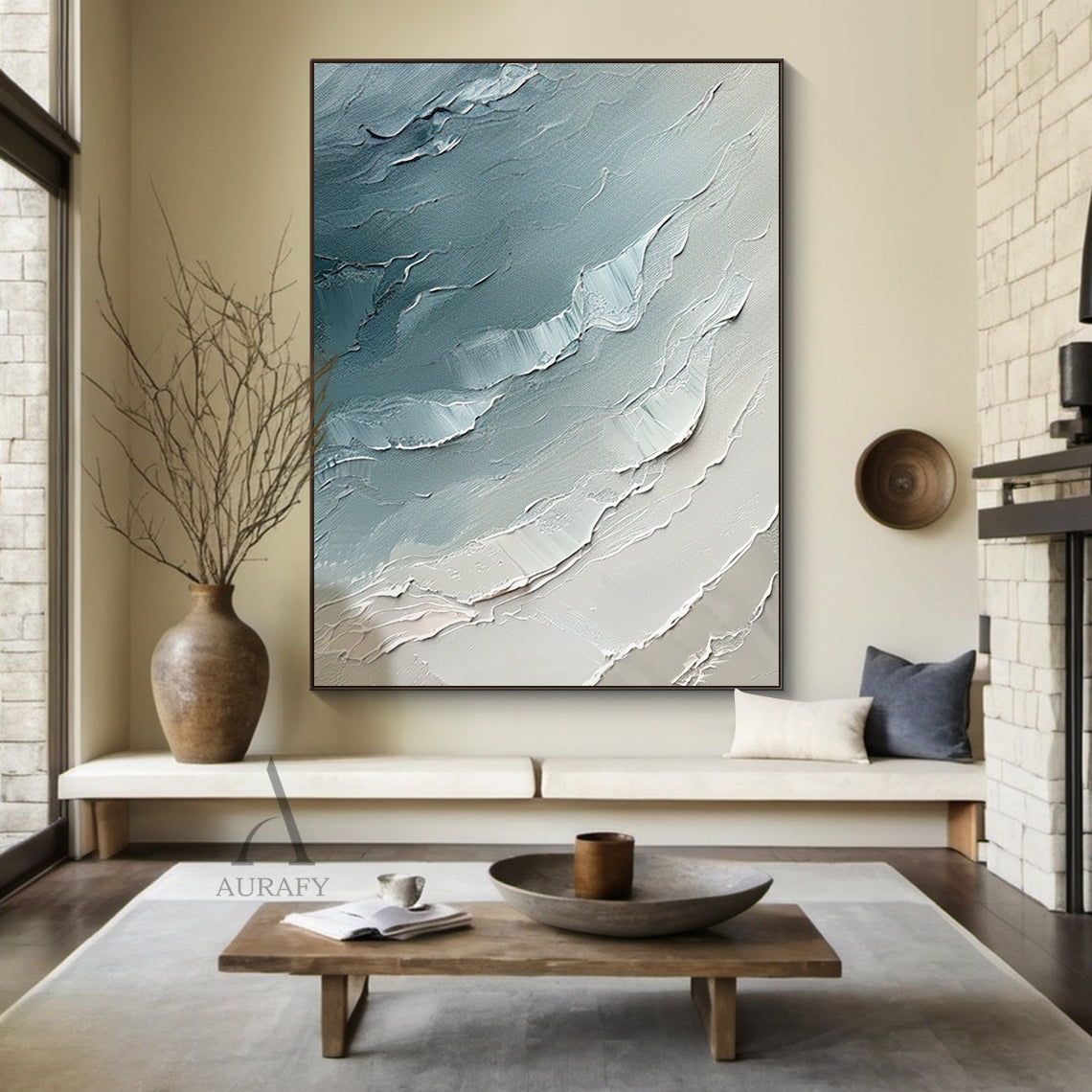 Abstract Ocean Blue Impasto Art with Tactile Sculpted Surface Knife Strokes Abstract Expressionist AURA463