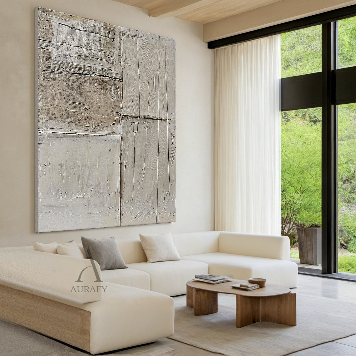 Beige and Cream Abstract Patchwork Painting with Uneven Seams - AURA834