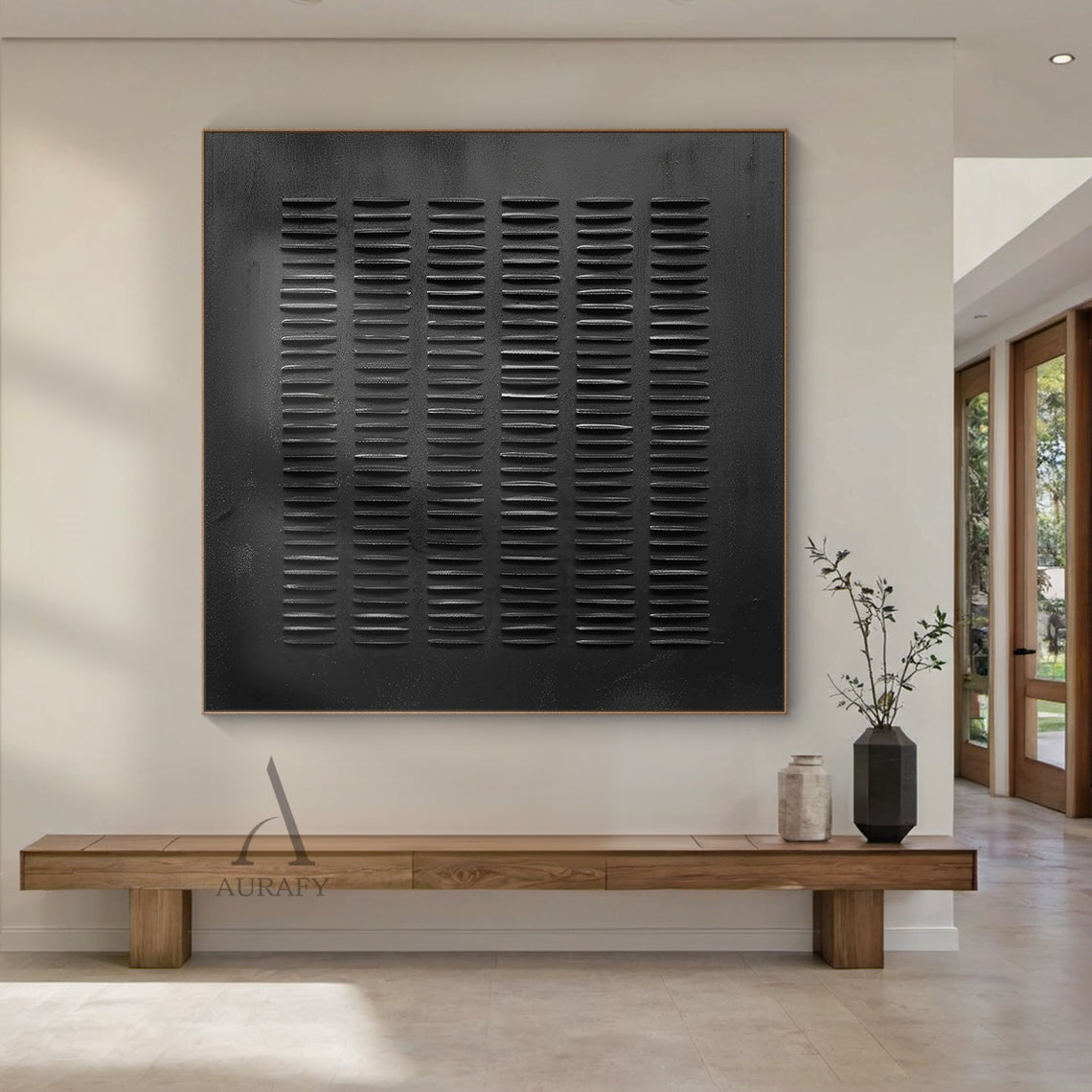Black Minimalist Abstract Art Embossed Lines Tactile Subtle Worn Surface Monochromatic Piece AURA602