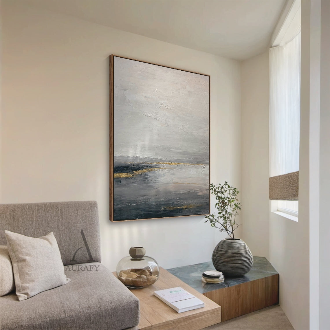 Abstract Wall Art Gray Beige Textured Canvas with Gold Leaf Accents Minimalist Luxe Japandi Style AURA626
