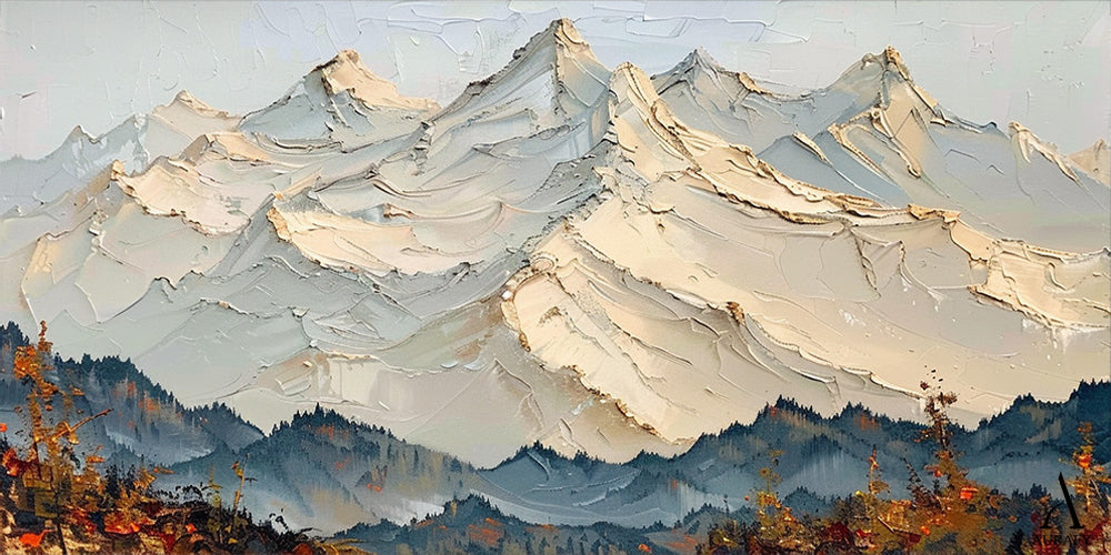 3D Textured Mountain Landscape Thick Impasto Knife Strokes Beige Blue Sculpted Tactile Canvas AURA514