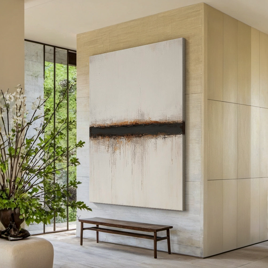 Wabi Sabi Yellow & Brown Textured Abstract Landscape | Japandi Earth-Tone Canvas Wall Art | AURA802