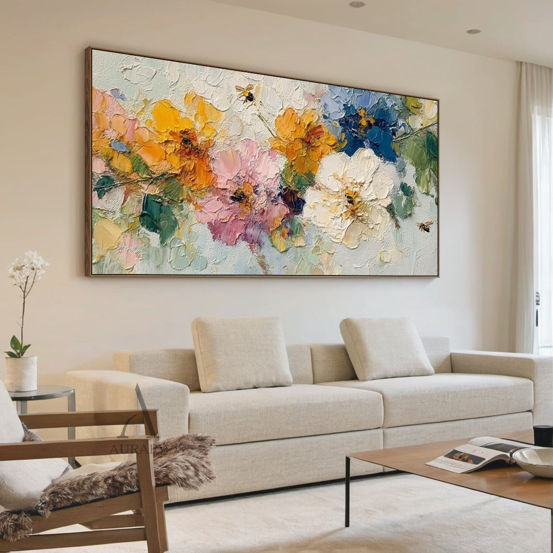 3D Impasto Textured Painting Colorful Floral Bouquet with Bees Tactile Surface Artwork AURA447
