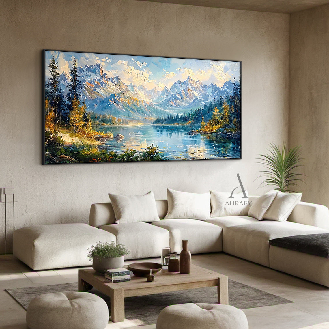 Blue Landscape Oil Painting with Knife Strokes Mountain Lake Snow-Capped Peaks Reflective Water AURA422