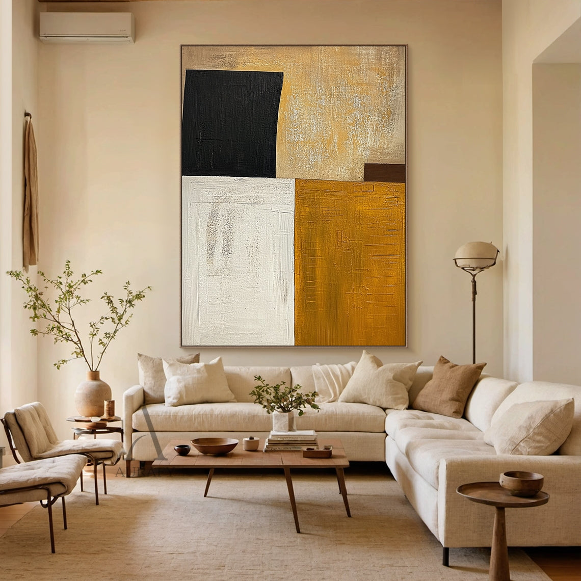 Mustard Yellow and Beige Abstract Painting with Black Blocks - AURA850