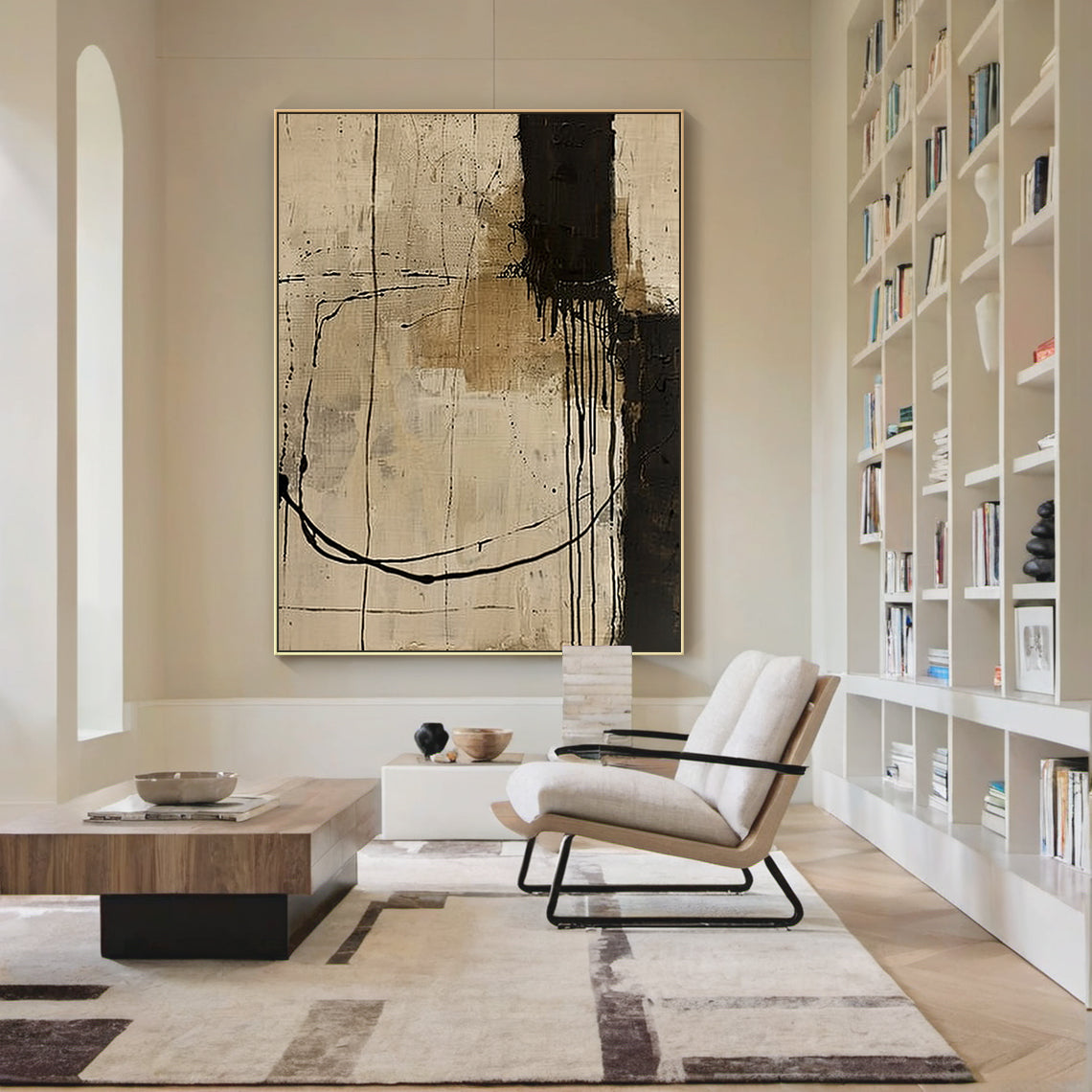 Wabi Sabi Beige Black Tactile Canvas Art with Paint Drip Details Irregular Lines Rustic Texture AURA586
