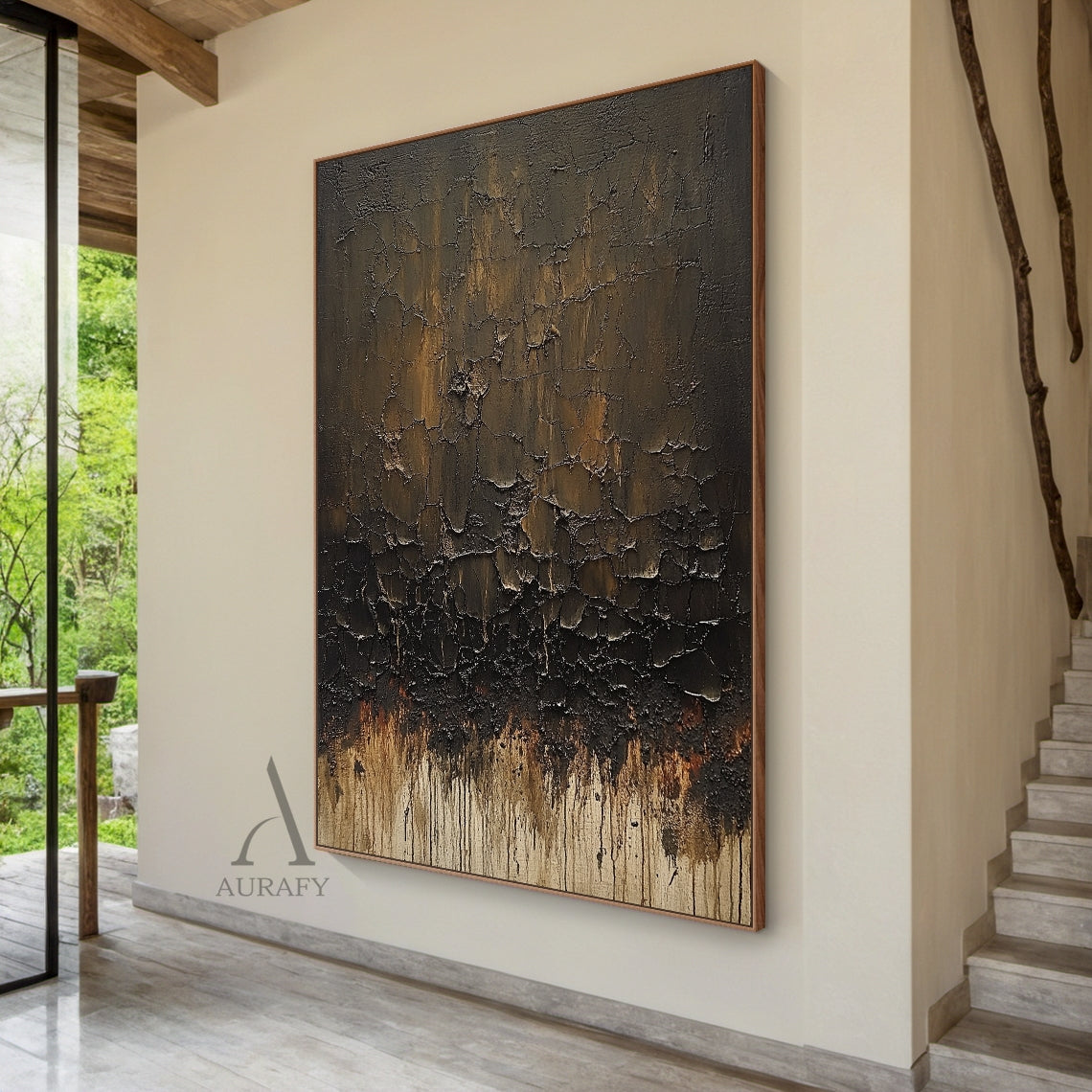 Brown Abstract Painting with Cracked Layers and Trailing Marks - AURA848