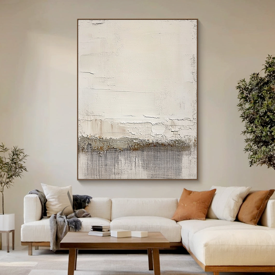 Beige Abstract Artwork Modern Organic Japandi Impasto Crackle Tactile Grid Texture Design AURA451