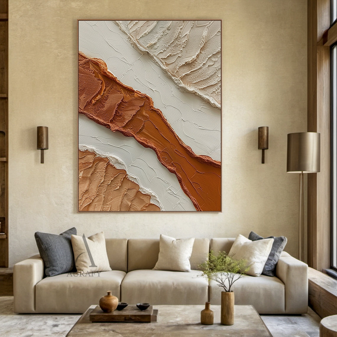 3D Textured Beige Brown Painting with Knife Strokes Tactile Surface Modern Organic Minimalist Luxe AURA448