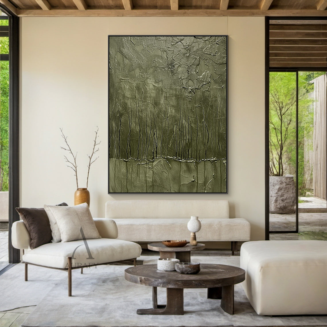 Green Abstract Art Thick Impasto Tactile Surface Vertical Drip Lines Sculpted Wall Art AURA461