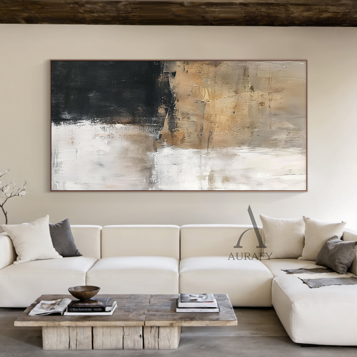 Abstract Neutral Wall Art Impasto Brushstrokes Scraped Tactile White Brown Black Modern Textured Canvas AURA503