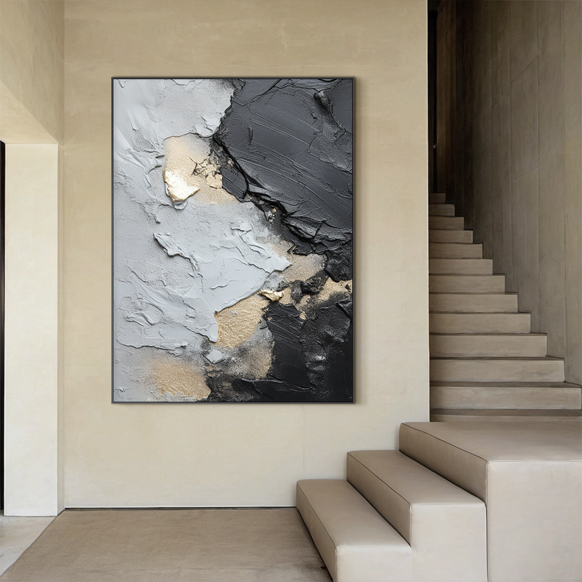 Dynamic Metallic Canvas – Charcoal, Silver & Gold Accents – AURA002(Horizontal)