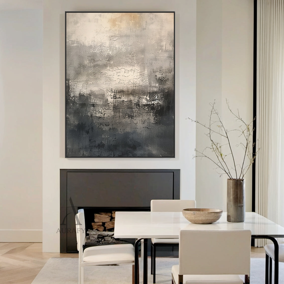 Abstract Black Beige Artwork with Tactile Scratched Texture Mottled Patches Worn Finish Minimalist Luxe AURA639