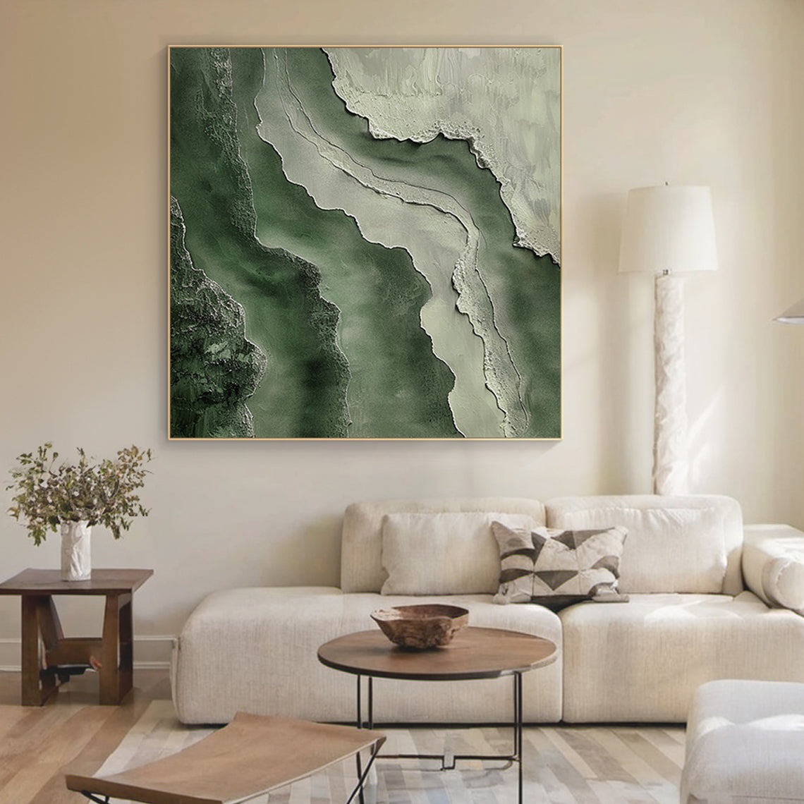 Abstract Textural Wall Art – Forest Green & Stone Layers – AURA041(Vertical)