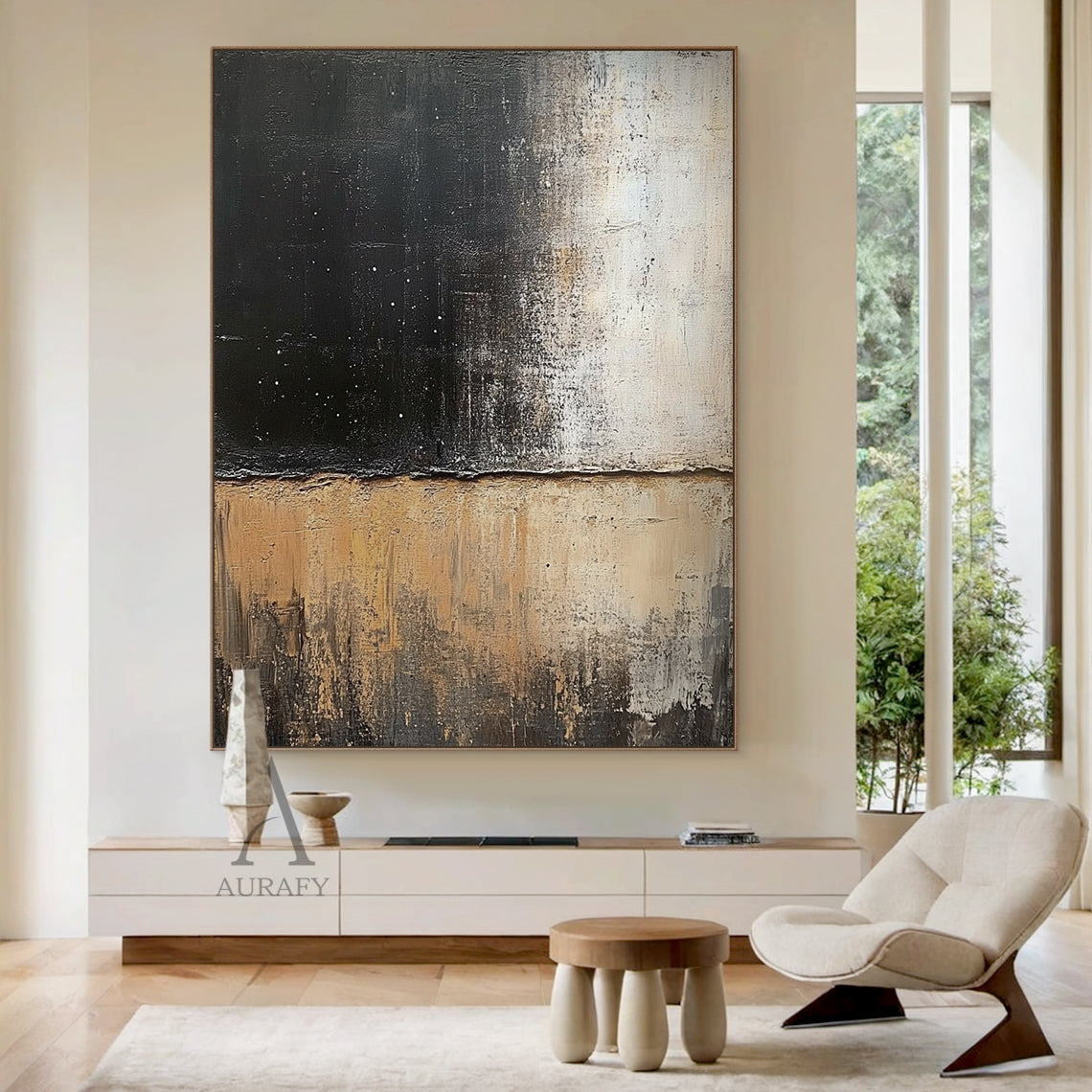 Abstract Black Beige Impasto Textured Rough Tactile Layered Modern Organic Canvas Artwork AURA609