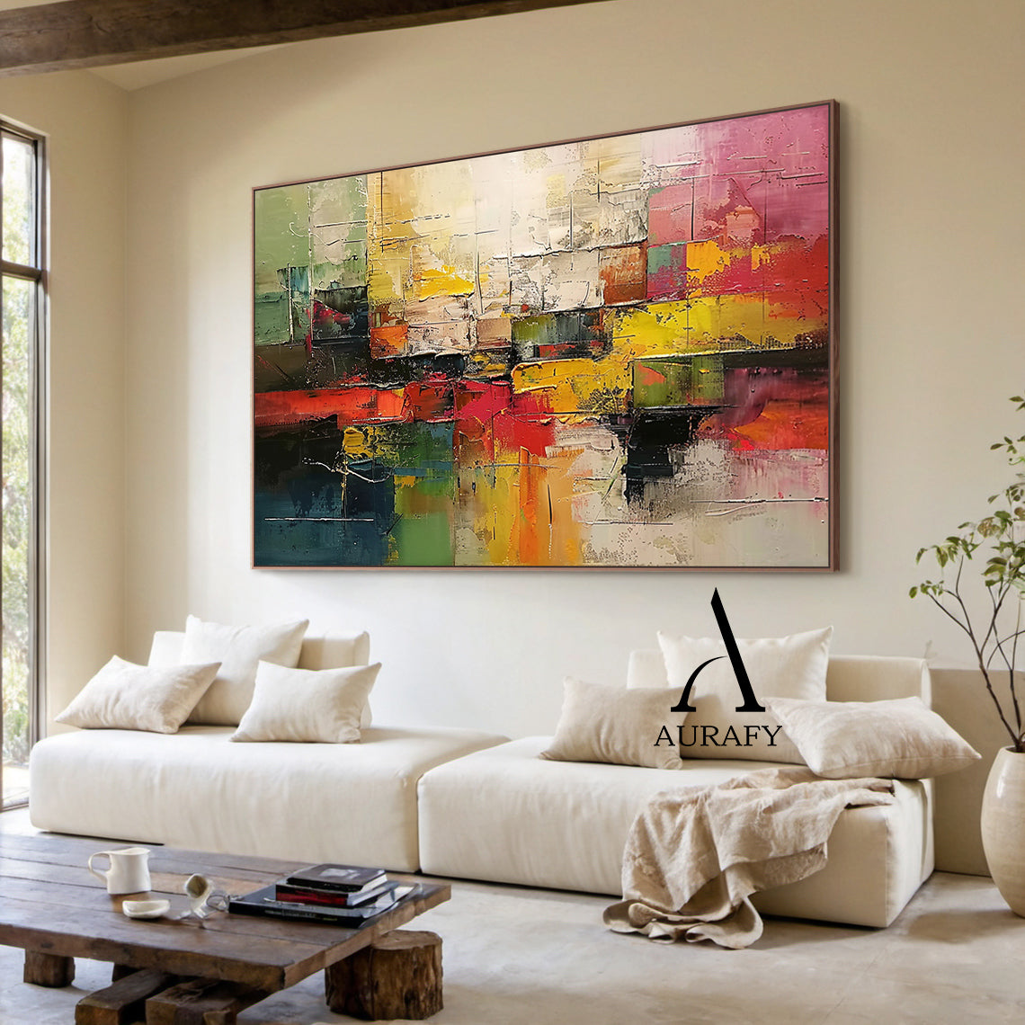 3D Textured Abstract Painting with High-Relief Plaster Tactile Surface Pink Green Yellow Knife Strokes AURA571
