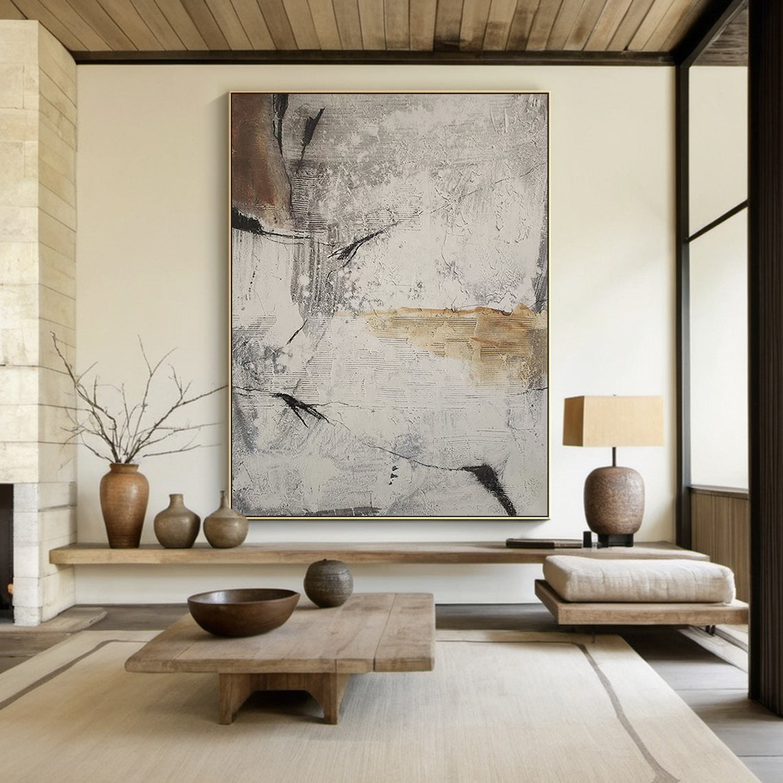 Ash Fragment Abstract Art – Textured Neutral Brushwork Canvas – AURA032
