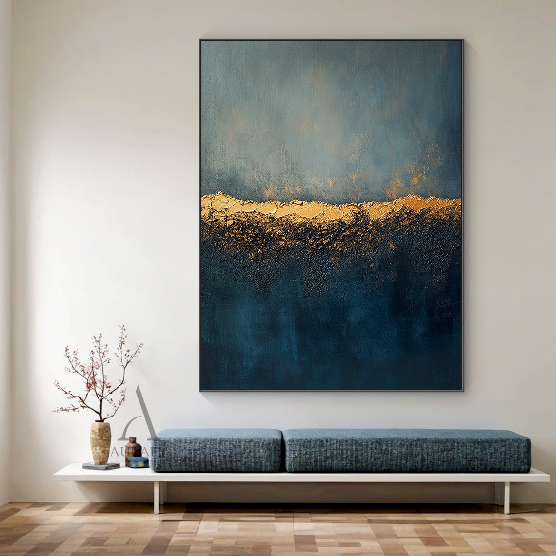 Blue Gold Abstract Plaster Textured High Relief Japandi Wabi-Sabi Minimalist Luxe Canvas Wall Art AURA726