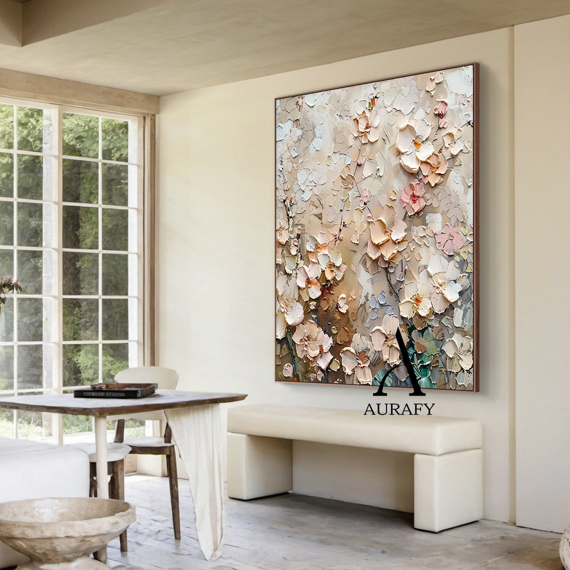 3D Textured Flower Painting High-Relief Tactile Beige Tone Knife Strokes Modern Organic Art AURA572