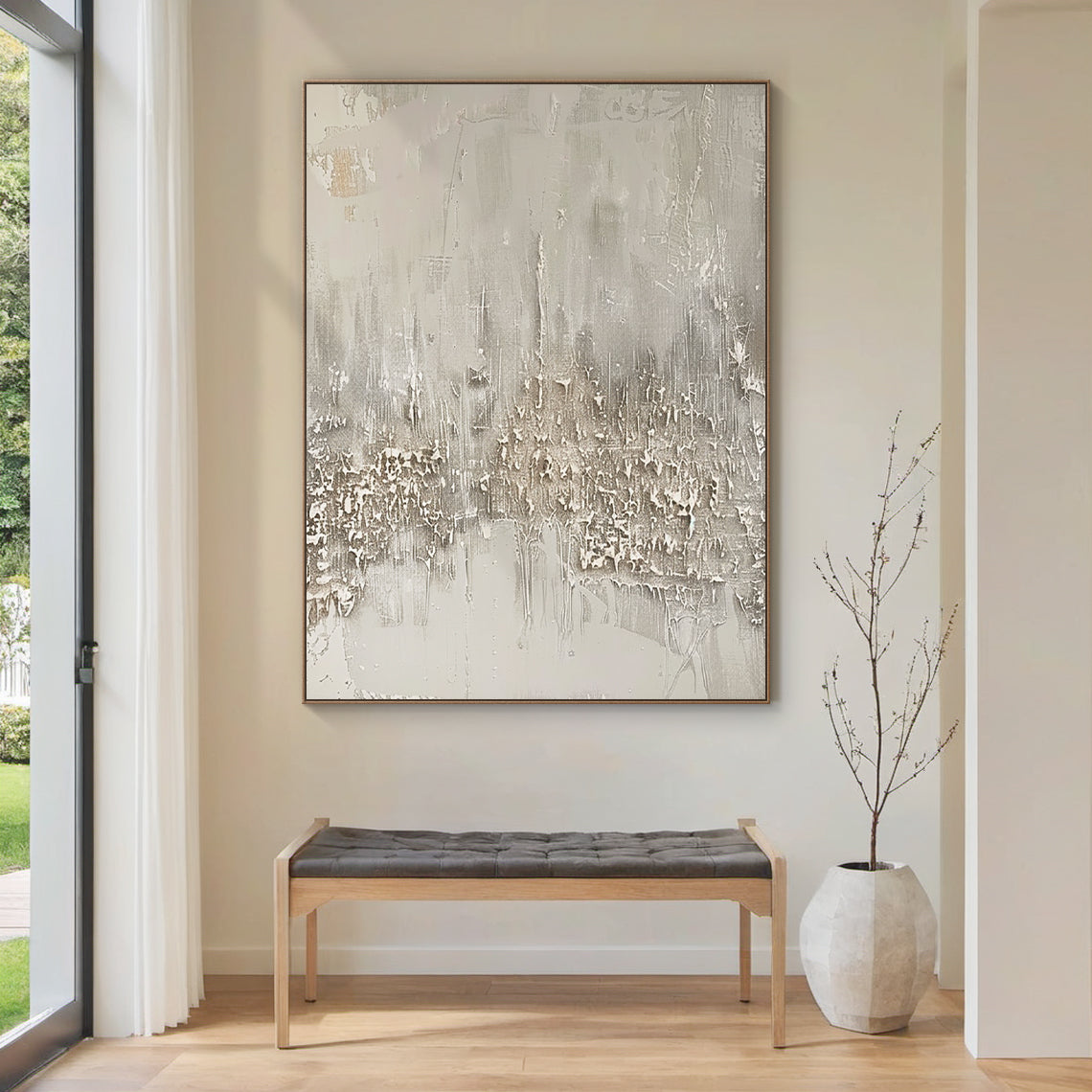 Distressed Drip Canvas – Soft Gray & Cream Tones – AURA024(Vertical)